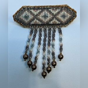 Handmade Alaska Native Beaded Barrette with white cream grey beads and dangles
